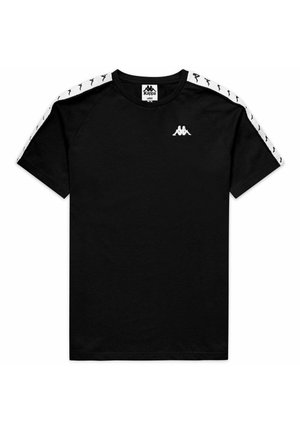 T-shirt noir à manches courtes avec épaules blanches ornées de silhouettes noires répétées du logo et un petit logo blanc sur la poitrine gauche.