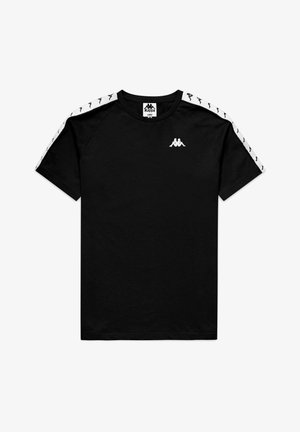 T-shirt nera a maniche corte con spalle con nastro bianco con silhouette nere del logo ripetute e un piccolo logo bianco sul petto sinistro.