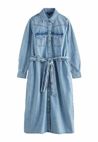 Heled sinine denimisärk-kleit pikkade varrukatega, nupuga esiküljel, kahe rinna taskuga, vöödiga ja tavapärase kraega. Sile tekstuur.