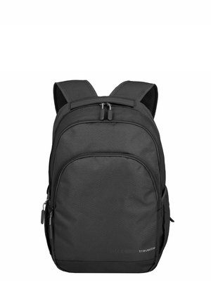 Schwarzer Rucksack aus strukturiertem Stoff, ergonomische Schultergurte, zwei Reißverschlussfächer und seitliche Netztaschen für zusätzlichen Stauraum.