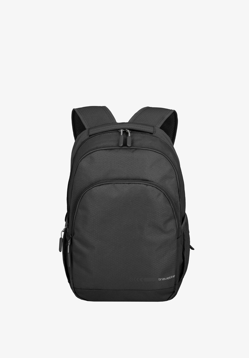 Zaino nero con un tessuto testurizzato, spallacci ergonomici, due scomparti con zip e tasche laterali in mesh per ulteriore spazio di archiviazione.
