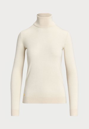Cremfarbener Rollkragenpullover aus weichem Stoff, mit langen Ärmeln und tailliertem Design. Mit kleinem goldenen Logo am Saum.