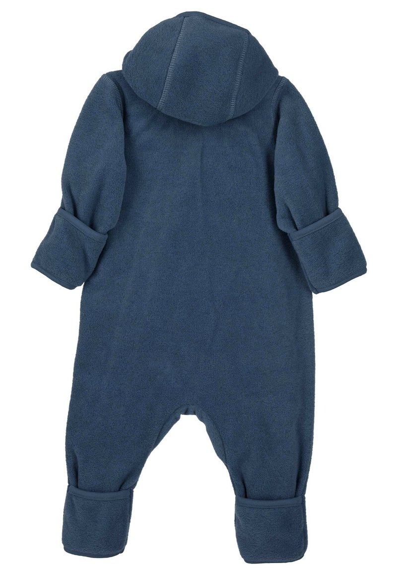 Marineblauer Fleece-Einteiler mit Kapuze, der umgeschlagene Bündchen und ein nahtloses Rückendesign aufweist, mit weicher Textur und vollständiger Abdeckung für Wärme.