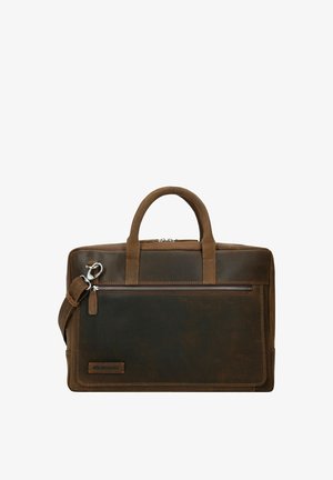 Valigetta in pelle marrone con due manici superiori e una tracolla removibile. Dotata di una tasca frontale con zip e una finitura liscia.