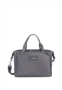 Borsa sintetica grigia con due manici corti e una tracolla staccabile. Presenta un logo frontale e una texture liscia. Forma rettangolare compatta.