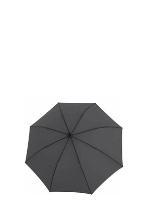 Ombrello nero aperto, che mostra otto pannelli e stecche, visto dall'alto su sfondo bianco.