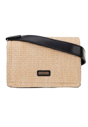 Rectangular crossbody bag made of woven straw in beige with a black leather strap. Features a small black logo accent.