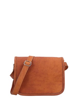 Brown leather crossbody bag with a flat design, adjustable strap, and smooth texture. Features stitching around the edges.