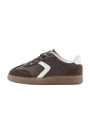 Brown and white low-top sneaker with lace-up front, suede toe and heel, and a gum rubber sole.