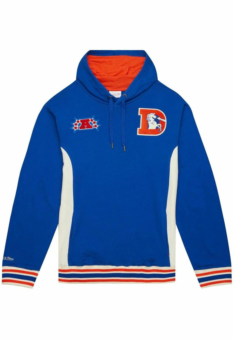 Blauwe sweatshirt met oranje binnenkap, witte zijpanelen en gestreepte zoom. Bevat geborduurde logo's: "D" en "A" met accenten.