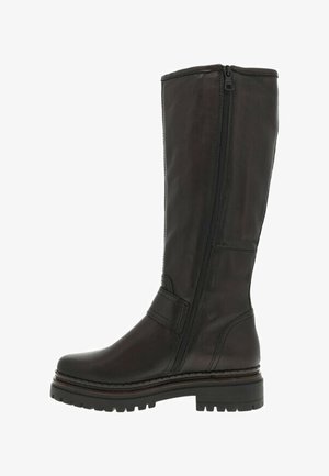 Botte en cuir noir à hauteur de genou avec fermeture éclair sur le côté, présentant une surface texturée, un talon bloc robuste et une sangle fine autour de la cheville.