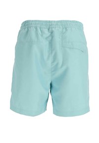 Short de bain bleu clair avec taille élastique et deux poches arrière, vu de dos sur fond blanc.
