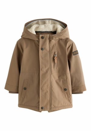 Brown waterproof jacket with a hood, featuring a soft cream lining, snap buttons, and two front pockets. Small logo patch on the sleeve.