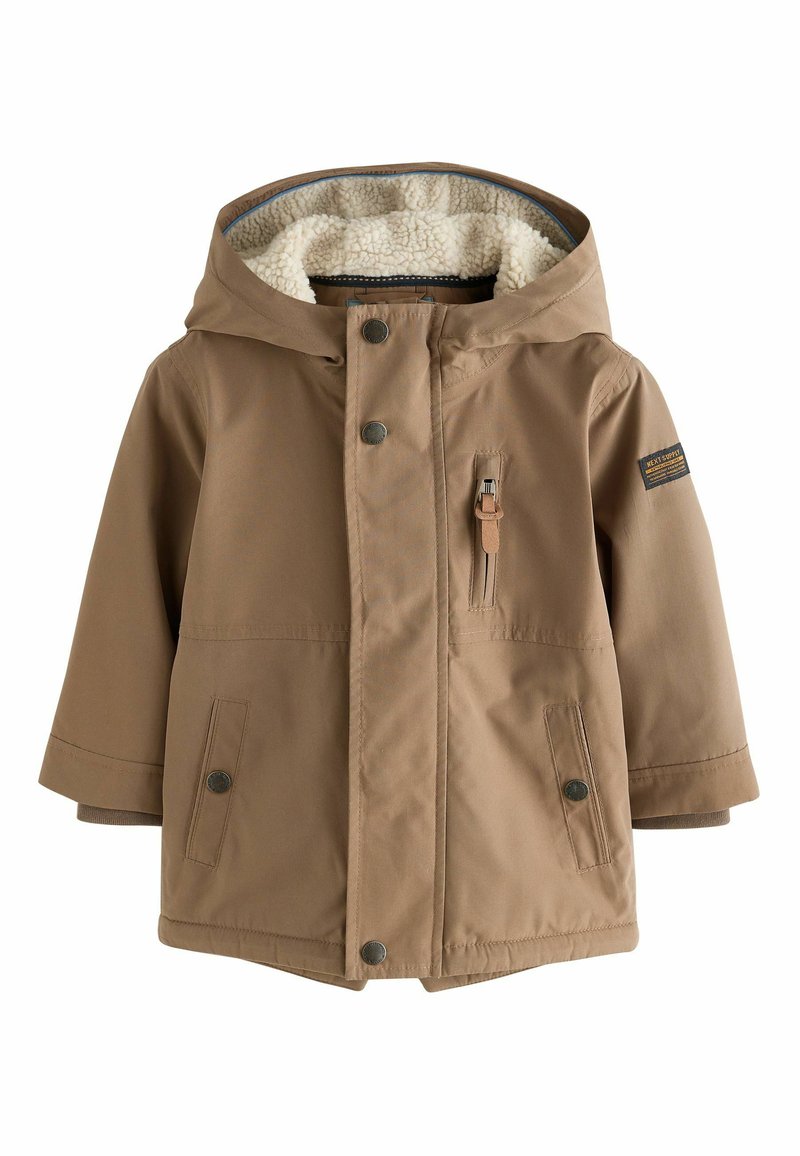 Brown waterproof jacket with a hood, featuring a soft cream lining, snap buttons, and two front pockets. Small logo patch on the sleeve.