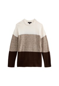 Lichtgewicht gebreide trui met horizontale strepen in crème, beige en bruin. Ronde hals en lange mouwen. Zachte textuur, ontspannen pasvorm.