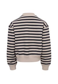 Crewneck sweatshirt in lichtbeige met marineblauwe horizontale strepen. Ribgebreide manchetten en zoom. Zachte katoenmix stof, licht cropped ontwerp.