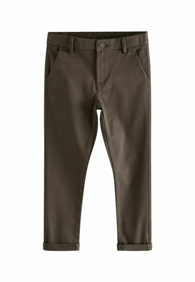 Chinos marron foncé avec une coupe droite, dotés d'une fermeture à bouton, de passants de ceinture et de poignets retroussés. Tissu lisse avec poches latérales.