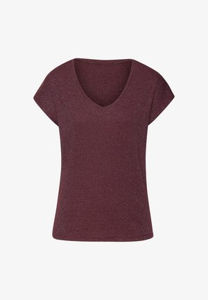 Bordeauxkleurig T-shirt met korte mouwen en een V-hals, gemaakt van een textuurstof die subtiel glanst. Losse pasvorm met cap sleeves en een rechte zoom.