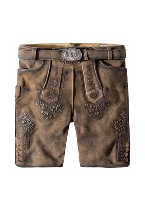 Pantaloni corti in pelle marrone con motivi floreali embossati decorativi, una cintura con una fibbia di argento ornata e dettagli con bottoni sui lati.