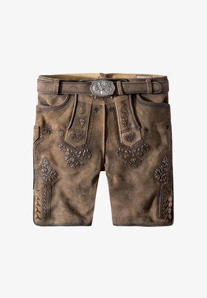 Brown leather shorts with decorative embossed floral patterns, a belt with an ornate silver buckle, and button accents on the side.