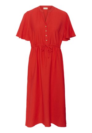 Könnyű anyagból készült piros ruha, henley nyakkivágással és gombokkal, rövid, fodros ujjakkal és állítható derékmegkötővel a kényelmes illeszkedés érdekében.