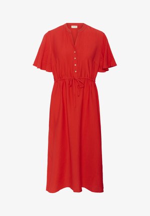 Könnyű anyagból készült piros ruha, henley nyakkivágással és gombokkal, rövid, fodros ujjakkal és állítható derékmegkötővel a kényelmes illeszkedés érdekében.