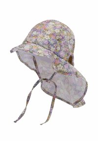 Bucket-hatt i nyanser av lila med ett blommönster. Har en bred brätt och justerbara hakanband. Tillverkad av lättviktigt tyg.