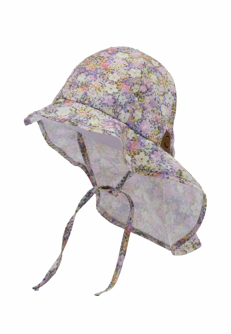 Bucket-hatt i nyanser av lila med ett blommönster. Har en bred brätt och justerbara hakanband. Tillverkad av lättviktigt tyg.
