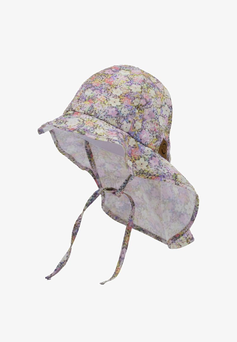 Bucket-Hut in verschiedenen Lila-Tönen mit floralen Muster. Verfügt über eine breite Krempe und verstellbare Kinnriemen. Hergestellt aus leichtem Stoff.