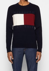 Pull en maille bleu marine avec col rond, doté d'un panneau rayé crème et rouge sur la poitrine et du texte "HILFIGER NEW YORK" en bleu marine.