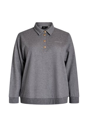 Grey long-sleeve polo shirt with a collar, four gold buttons, ribbed cuffs and hem, and subtle text logo on the left chest.