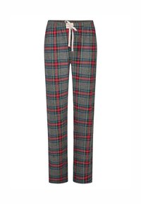 Kostkované pyžamové kalhoty šedé barvy s červenými, modrými a zelenými vzory. Vyrobené z měkké látky s elastickým pasem a šňůrkou na stažení.