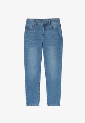 Svetlomodré džíny s rovnými nohavicami, štyrmi vreckami, predným zapínaním na gombík a mierne vyblednutým povrchom látky.