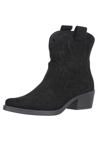 Bota vaquera de ante negra con punta afilada, patrones decorativos de hojas cosidas y un tacón cuadrado moderado. Presenta lengüetas laterales para facilitar su uso.