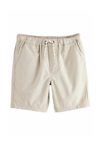 Shorts de bain beige avec une taille élastique et un cordon de serrage. Deux poches latérales et texture de tissu lisse.