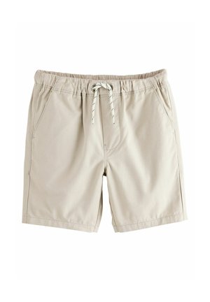 Beige Badeshorts mit elastischem Bund und Kordelzug. Zwei Seitentaschen und glatte Stofftextur.