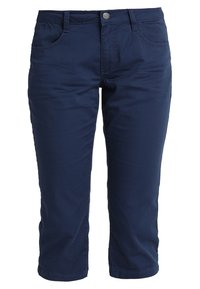 Pantalons mi-longs bleu marine en tissu léger. Comprend cinq poches, des passants de ceinture et une fermeture à bouton à l'avant. Texture lisse, coupe droite.