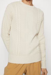 Maglione di colore crema lavorato a maglia, con polsini e orlo a coste, caratterizzato da trame di treccia testurizzate sulla parte anteriore e sui lati.