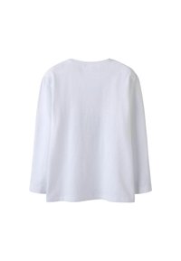 Balti ilgomis rankovėmis medvilninė palaidinė su apvalia iškirpte. Minkšta tekstūra, laisvas siluetas ir paprastas dizainas be matomų raštų ar akcentų.