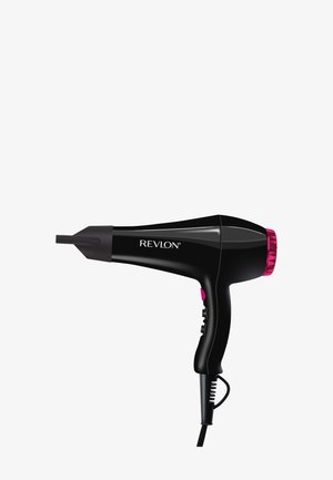 Black Revlon hair dryer with pink accents, concentrator nozzle, ergonomic handle, and power cord against a white background.