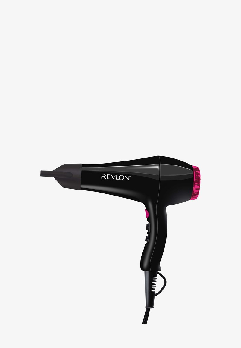 Sèche-cheveux Revlon noir avec accents roses, buse concentratrice, poignée ergonomique et cordon d'alimentation sur fond blanc.