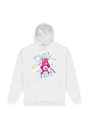 Biała bluza z kapturem z kolorowym wzorem przedstawiającym różowego misia, napis "Spill the Tea" oraz akcenty zielonego płynu i ilustrację filiżanki.