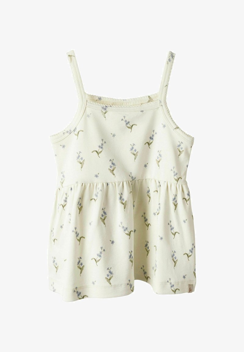 Light yellow tank top with thin straps, featuring a floral pattern of blue flowers and green leaves, and a gathered hem. Soft fabric texture.