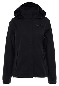 Veste noire imperméable à capuche, manches longues, fermeture éclair sur le devant et logo Vaude sur la poitrine gauche.