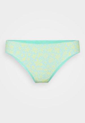 Lys blå bikinibunn med et blomsterdesign i gult, med en bred midjebånd og myk, elastisk stoff.