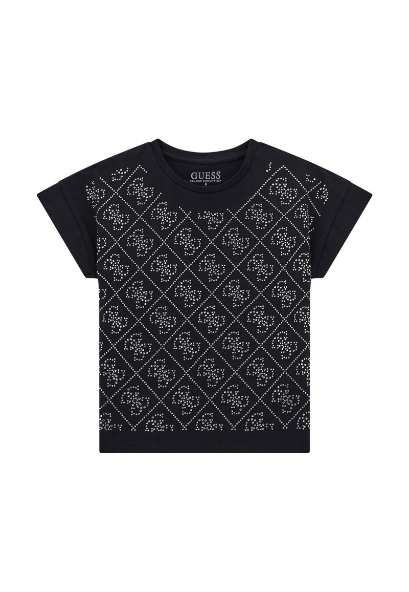 T-shirt en coton noir à manches courtes, avec un motif en losanges de clous argentés sur le devant. Étiquette du logo visible au niveau du cou.