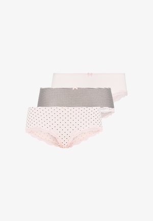 Three pairs of women's briefs: one solid light pink, one black and white striped, one white with black polka dots, all with scalloped lace trim.