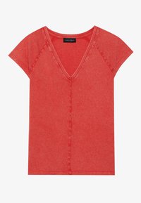 Rød V-hals T-shirt med korte ærmer, fremstillet af blødt bomuld, med en afslappet pasform og synlige sting langs sømmene.