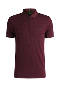 Pánská polo košile BOSS s krátkým rukávem v burgundské barvě, s límcem na zip, texturovaným vzorem a decentním logem na levé hrudi.