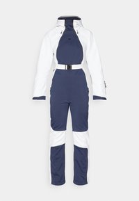 Tumesinine ja valge lukuga üksikomandüür, kapuutsiga, keskel kompressioonipaneeliga, küljetaskutega ja vööga talje ümber.